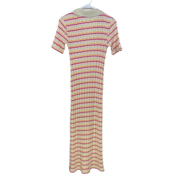 Zara Womens Size M Maxi Polo Dress Stretch‎ Striped Beige Pink Short Sleeve - Picture 2 of 8